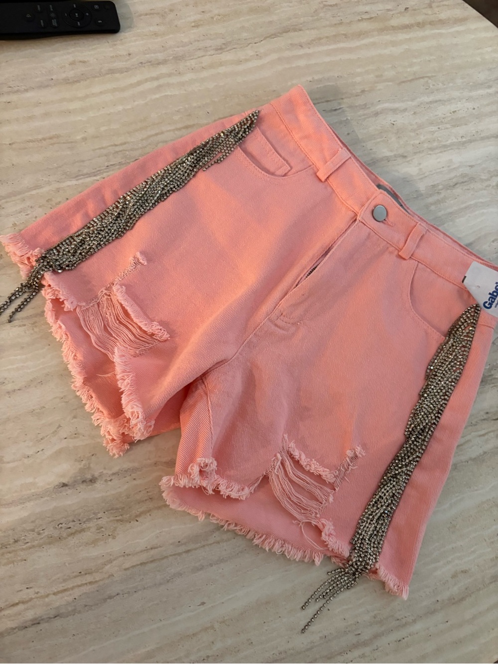 Girl’s Peach Distressed Denim Shorts with Chain Trim